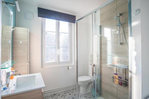 une salle de bain avec toilettes, lavabo et douche dans l'établissement Les Cailloux Verts, à Étretat