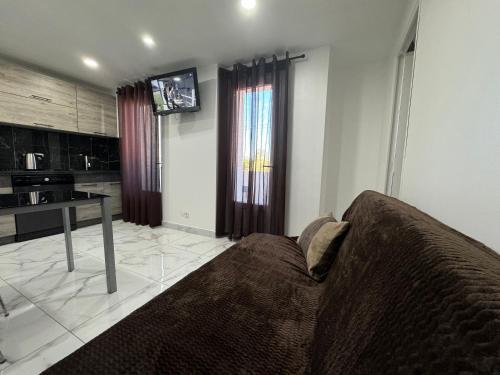 un salon avec un canapé et une télévision dans l'établissement Appartement 300m de la mer, à Valras-Plage