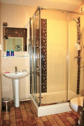 une salle de bain avec douche et lavabo dans l'établissement Le gite du gue, à Les Hautes-Rivières