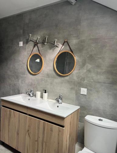 une salle de bain avec un lavabo et deux miroirs au mur dans l'établissement Grand appartement à la campagne, à Celles-sur-Plaine
