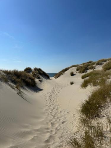 a sand dune with footprints in it on a beach at De Weie in Burgh Haamstede