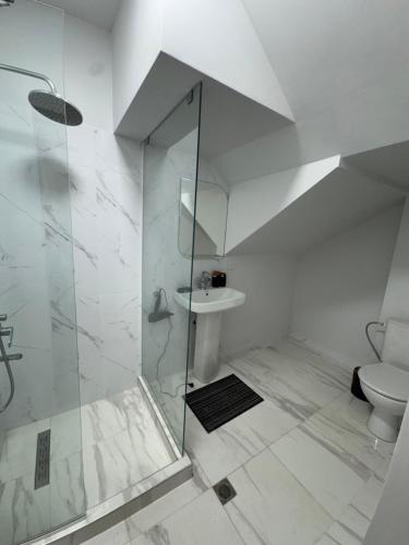 a white bathroom with a shower and a toilet at Family Guest House in Yerevan