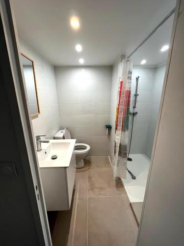 une salle de bain avec toilettes, lavabo et douche dans l'établissement Charmant studio à Nice avec accès piscine, à Nice