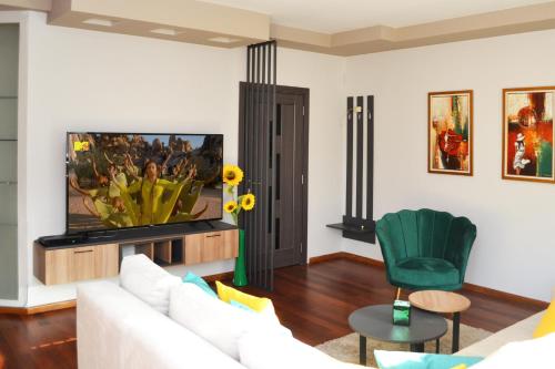 a living room with a white couch and a tv at Central Location with parking by He-Ra Apartments Skopje in Skopje
