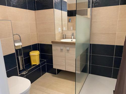 une salle de bain avec toilettes et lavabo dans l'établissement Aux rivages de Sylvie - 150 m de la plage, à Calvi