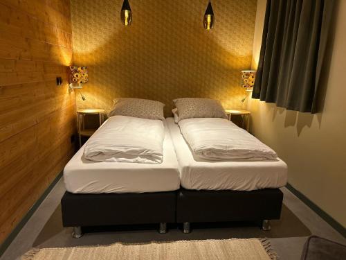 two twin beds in a room with two lamps at Wellnesslodge Kievit in Dalerveen