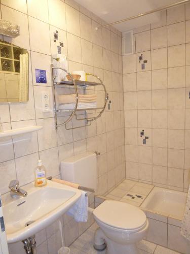 a bathroom with a toilet and a sink and a tub at Wein- und Gästehaus St. Aldegundishof in Sankt Aldegund