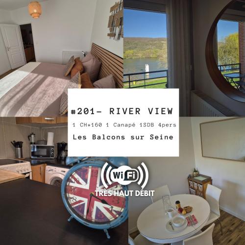 un collage de trois photos d'une cuisine et d'une pièce dans l'établissement Balcons sur Seine - Vernon Giverny, à Vernon