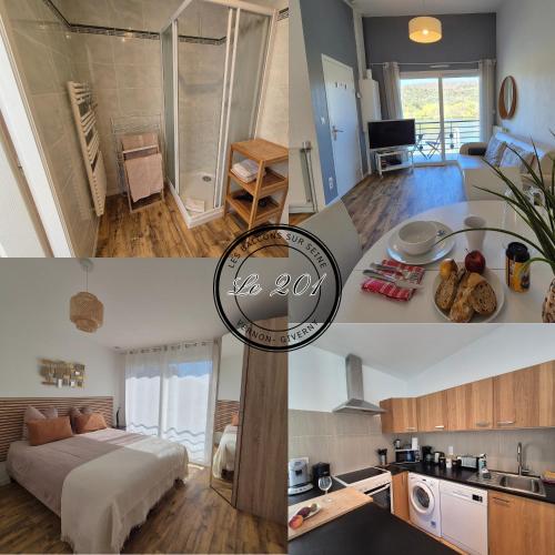 - deux photos d'une chambre et d'un salon dans l'établissement Balcons sur Seine - Vernon Giverny, à Vernon