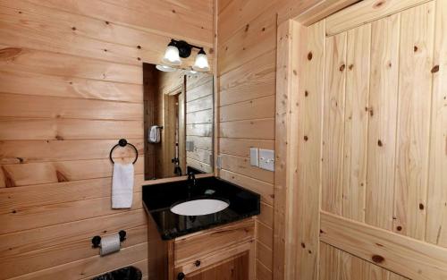 a bathroom with a sink in a wooden wall at Breathtaking Cabin with Hot-tub, Fireplace and Games in Sevierville, Tennessee in Little Cove