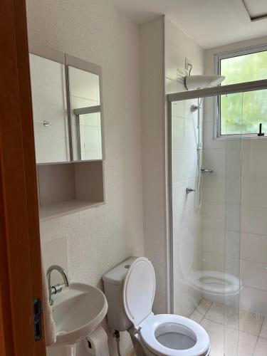 a bathroom with a toilet and a sink and a shower at Apto Aconchegante Catanduva V in Catanduva