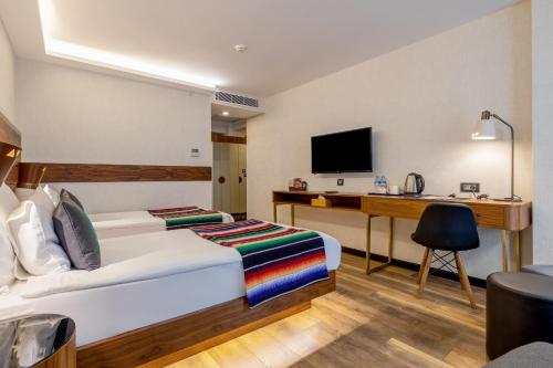 a bedroom with a bed and a desk with a television at Hay Hotel Alsancak in Izmir