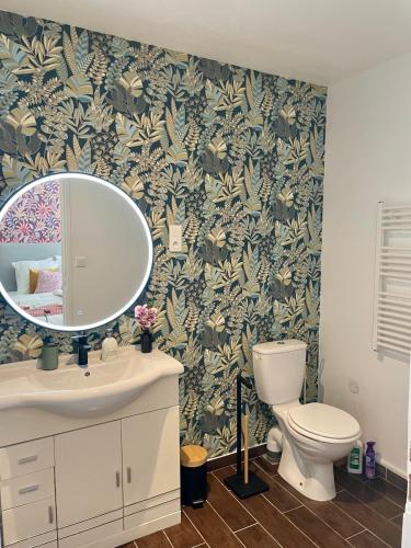 une salle de bain avec un lavabo, des toilettes et un miroir dans l'établissement Botanic Escape with Air Con, Balcony & Candle Bath Ritual - Pets Welcome, à Carcassonne