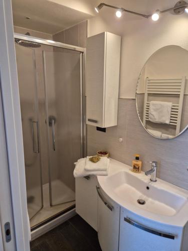 a bathroom with a shower and a sink and a mirror at 20 Minutes to FLORENCE in Prato