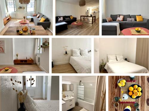 un collage de photos d'un salon et d'une chambre dans l'établissement La Lumineuse - 5 min du Vieux Port Rue Piétonne - Les Frères de la Loc', à Marseille