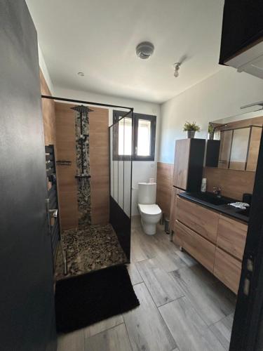 une salle de bain avec douche et toilettes dans l'établissement Villa LUNEL, à Lunel