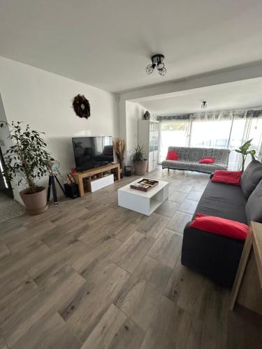 un salon avec un canapé et une télévision dans l'établissement Villa LUNEL, à Lunel