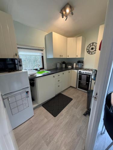 a small kitchen with white cabinets and a sink at Torwood 6 in Cenarth