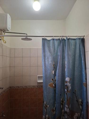 a bathroom with a shower with a blue shower curtain at Studio Apartment, Nyali Mombasa in Mombasa