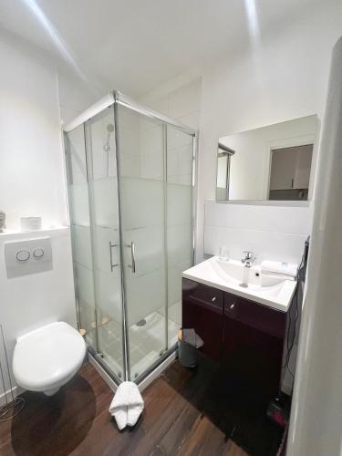 une salle de bain avec une douche, des toilettes et un lavabo dans l'établissement Le Stalingrad - Gare - Centre, à Toulouse