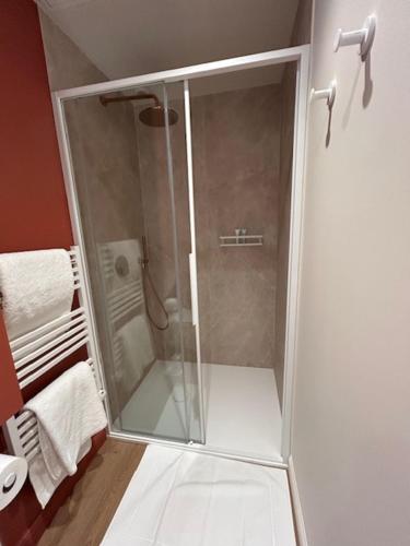 a shower with a glass door in a bathroom at Au 8 à Meursault, Magnifique maison Bourguignonne au pied des vignes, jardin, places de parking privée in Meursault