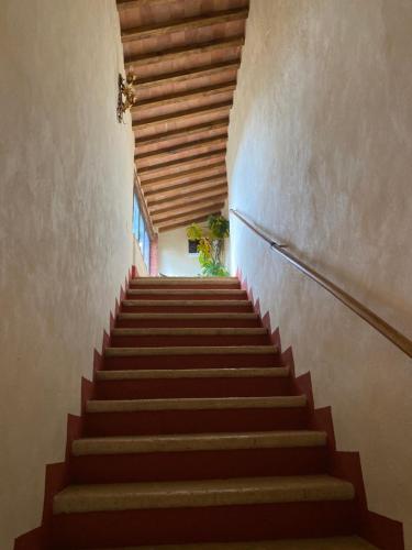 a staircase leading up to a building with wooden ceilings at Agriturismo la Pieve di Casabucci in Tognazza