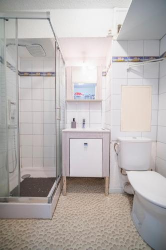 une salle de bain avec une douche, des toilettes et un lavabo dans l'établissement Le Petit QG, à Gruissan