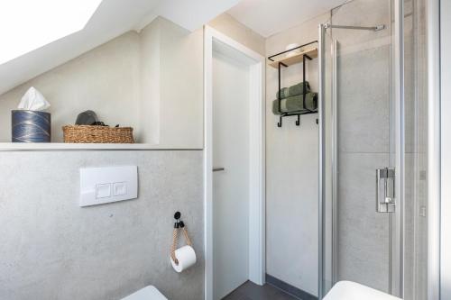 a white bathroom with a shower and a toilet at Zeihäänger Stubb in Schwalmstadt