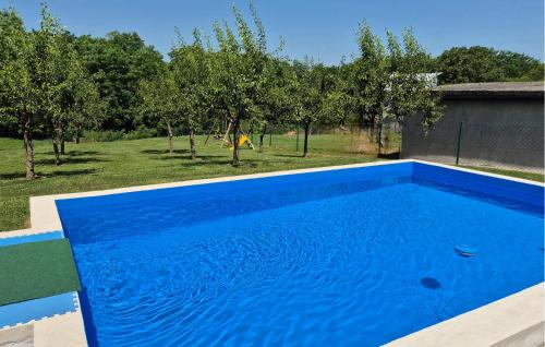 a blue swimming pool in a yard with trees at Stunning Home In Senkovec With Sauna in Slakovec
