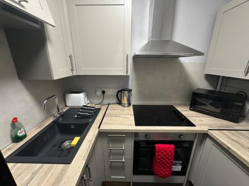 a small kitchen with a stove and a sink at High street apartments in Boston