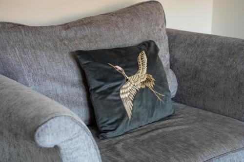 a bird on a pillow on a couch at Stirling Street Stays in Tillicoultry
