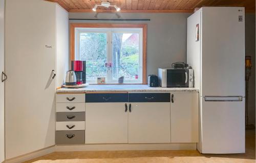 a kitchen with a white refrigerator and a window at 3 Bedroom Stunning Home In Hökerum in Hökerum