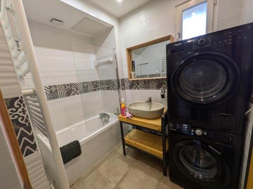 une salle de bain avec une machine à laver et un lavabo dans l'établissement La Vigie, à Saint-Raphaël