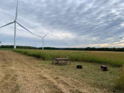 a picnic table in a field with a wind turbine at Pine Hill FLX Retreat in Cohocton