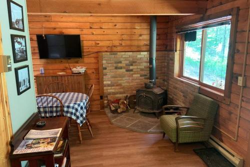 a living room with a fireplace in a log cabin at Pine Hill FLX Retreat in Cohocton