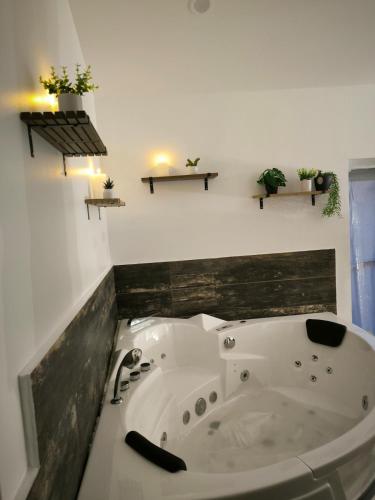a bath tub in a bathroom with plants on the wall at Ma douce Fenière in Saint-Rémy-de-Chargnat