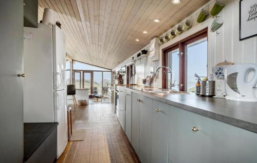 a kitchen with white cabinets and a wooden ceiling at Stunning Home In Middelfart With Wifi in Middelfart