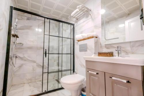 a bathroom with a shower and a toilet and a sink at Rubby Kadıköy in Istanbul