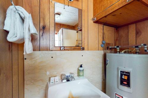 a small bathroom with a sink and a refrigerator at Timberlane Lodge- The Musky, Bluegill & Walleye in Woodruff