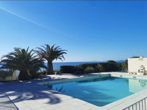 une piscine avec des palmiers et l'océan dans l'établissement YŪGEN PALLADIO - Fully renovated Studio on a prime location, Direct Beach Access, Heated Pool, Private terrace & patio, Private Parking lot, à Saint-Raphaël