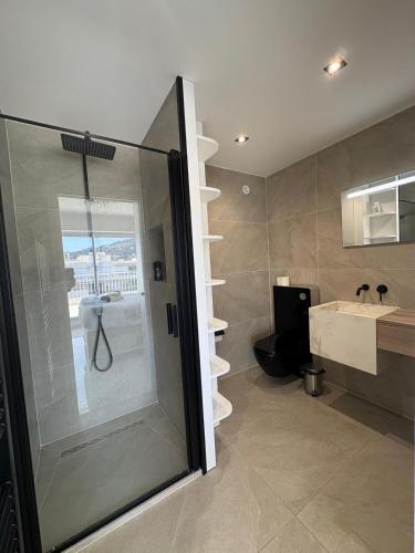 une salle de bain avec douche et lavabo dans l'établissement Cannes 2 suites 2 terrasses, à Cannes