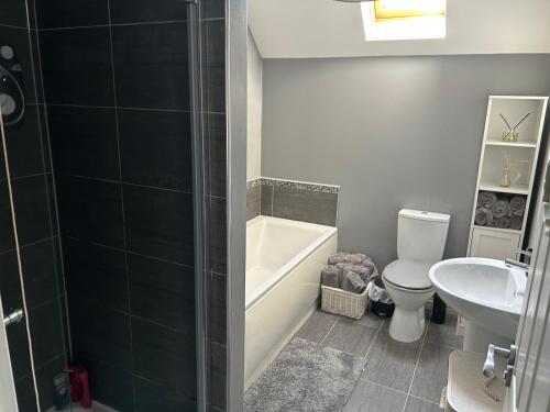 a bathroom with a tub and a toilet and a sink at Daves Cave in Antrim