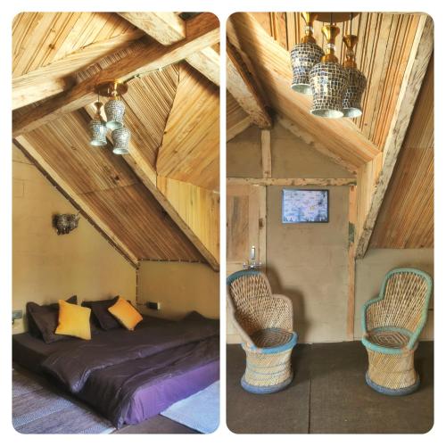two pictures of a room with a bed in a attic at YAARI Shangarh in Shangarh