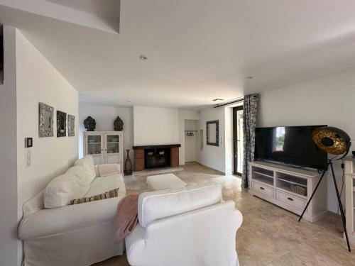 a living room with white furniture and a flat screen tv at les gites de la Fée in Cavaillon
