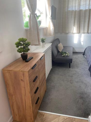 a bedroom with a wooden dresser with a plant on it at Apartmán DEJA VÚ - Tatranská Štrba in Štrba