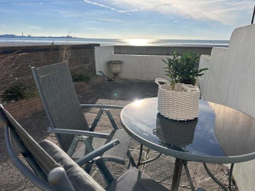 a table with a potted plant sitting on a patio at 1 Bed House On The Beach in St Peter