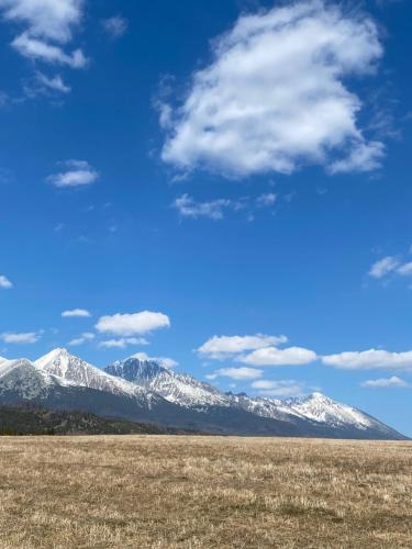 a field with snow capped mountains in the background at Apartmán DEJA VÚ - Tatranská Štrba in Štrba