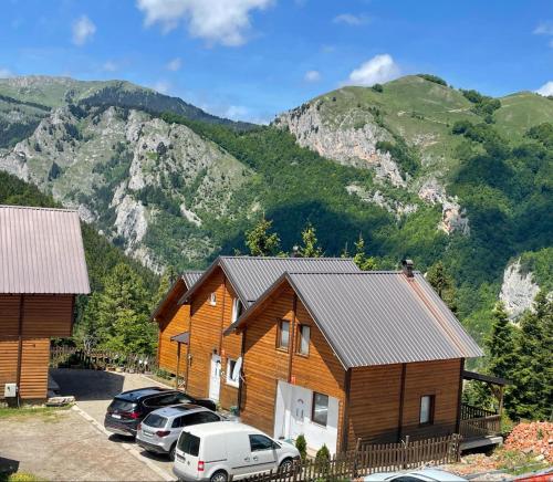 a house with cars parked in a parking lot in front of mountains at Villa Te Ibra - Rugovë in Peje