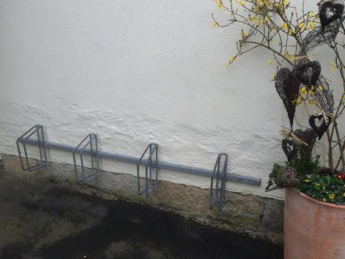 a white wall with a blue railing next to a plant at Pension Hönel-Hof Bad Schandau in Bad Schandau