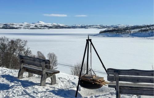 two benches sitting on top of a snow covered field at Nice Apartment In Rauland With Wifi in Rauland